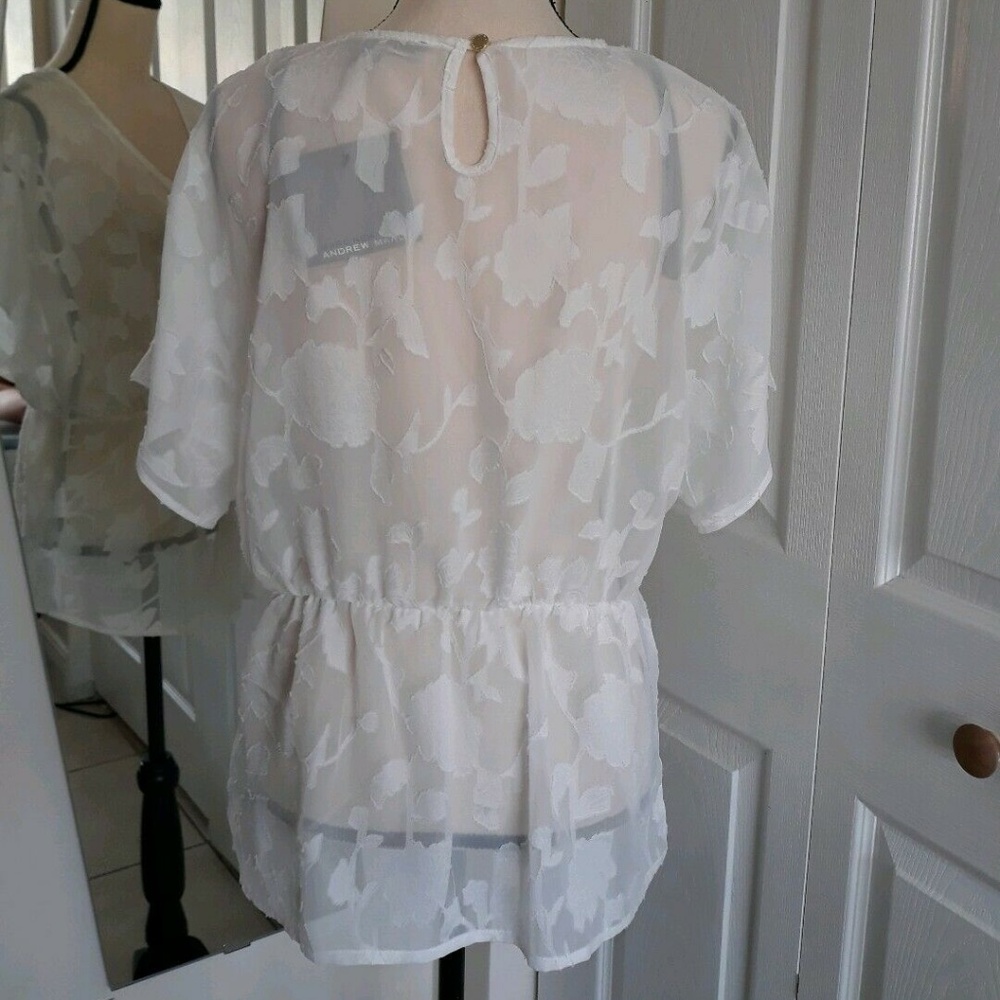 Marc New York White Sheer Floral Blouse Women's Size M Tie Waist V Neck Top - Picture 4 of 7